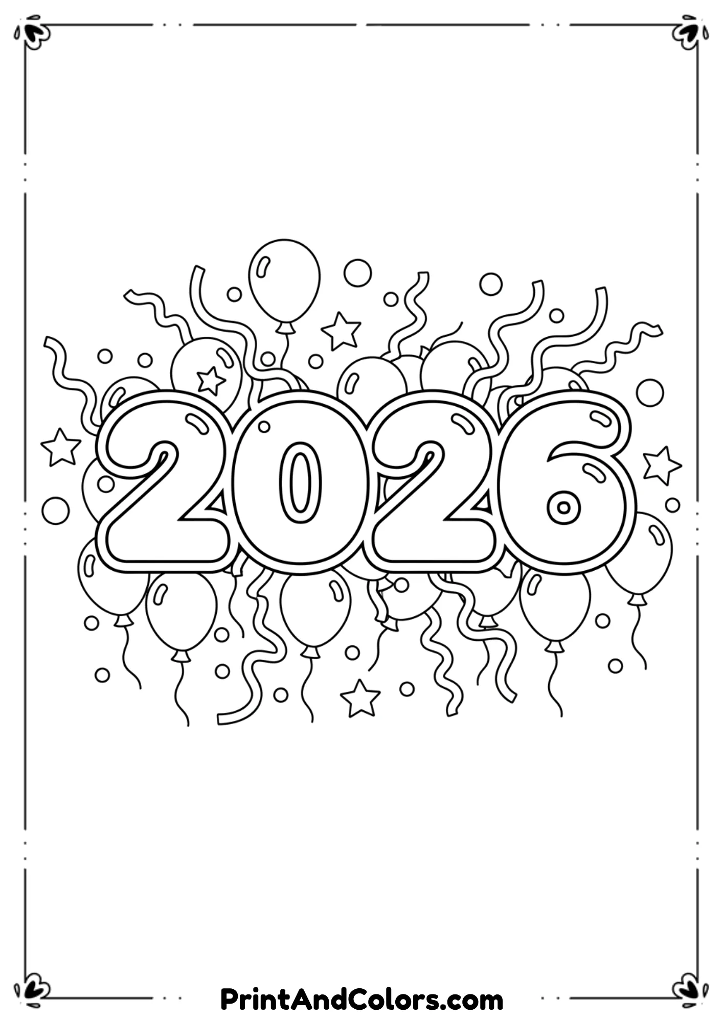  Black and white coloring page featuring large “2026” numbers surrounded by balloons, streamers, stars, and confetti. Bold outlines, simple shapes, and lots of open space for kids to color.