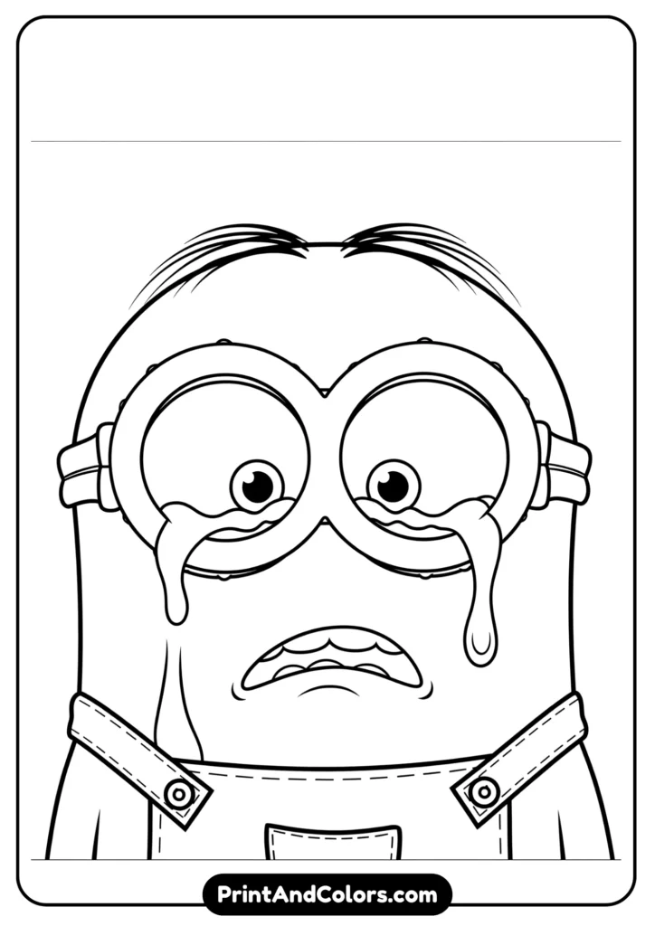 Minion crying with big tears, sad cartoon expression, outlined in black and white.