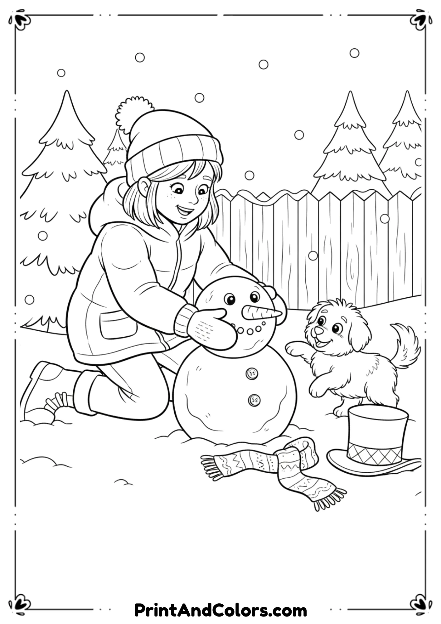 Young girl shaping a snowman while her dog watches excitedly. Mittens, boots, scarf, backyard winter scene.
