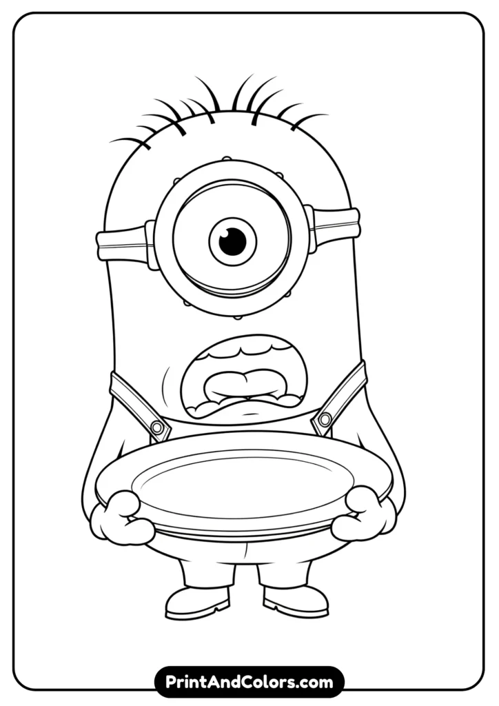 Minion holding an empty plate with hungry expression, cartoon black-and-white line art