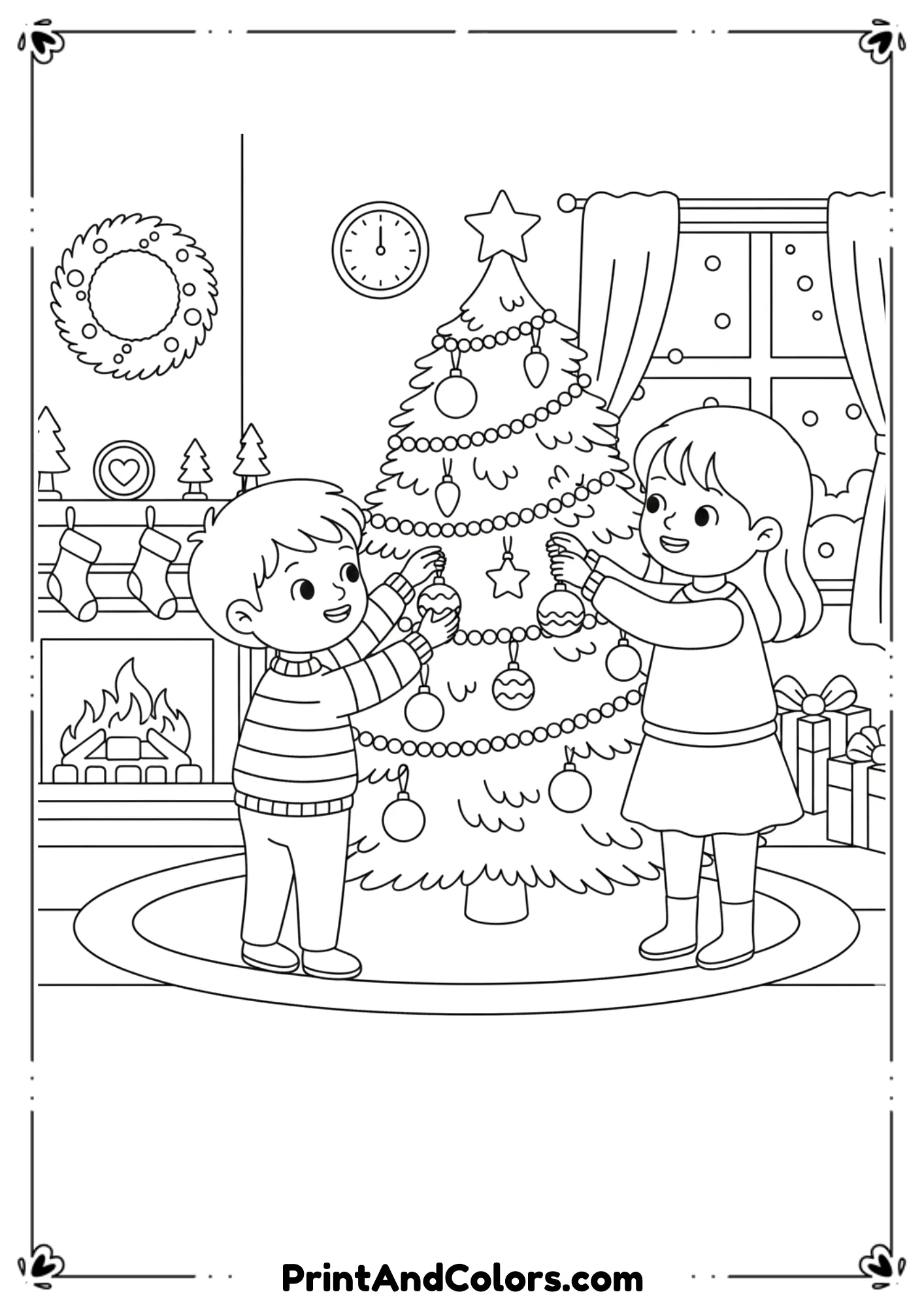  Cute sibling scene with a little brother handing ornaments to his little sister as they decorate a Christmas tree. Sweet expressions, clean easy cartoon lines.
