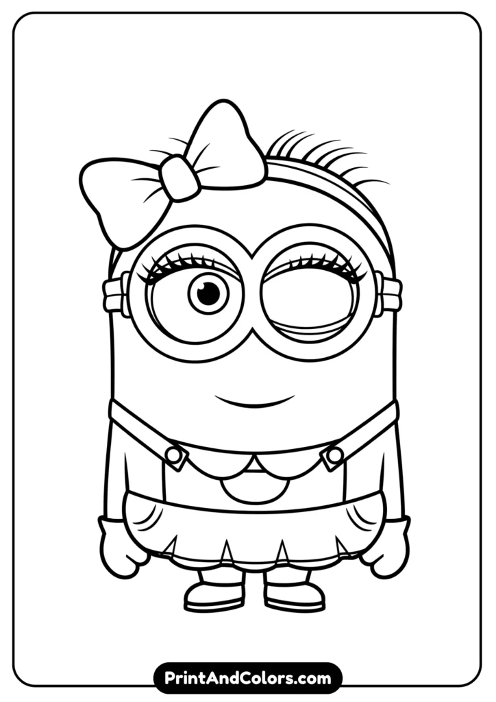Cute female Minion with dress, bow, and eyelashes, black-and-white outline for coloring.