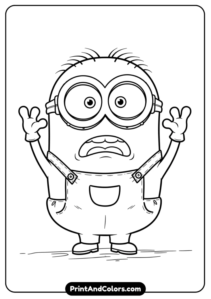 Minion with scared and confused expression, hands raised, black-and-white cartoon line art.