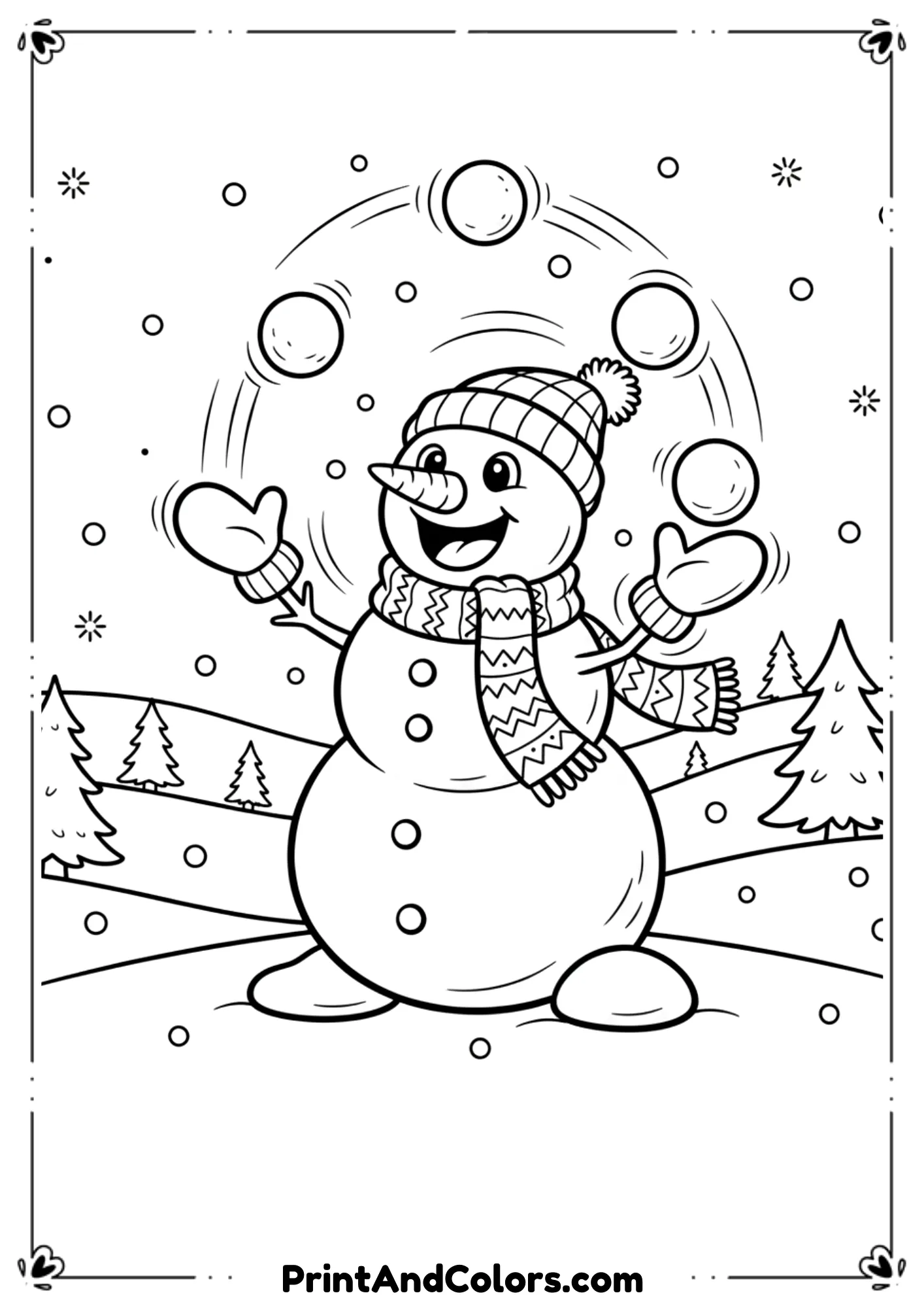 Snowman juggling three to five small snowballs above his head. Joyful expression, snowy ground, action lines showing movement.
