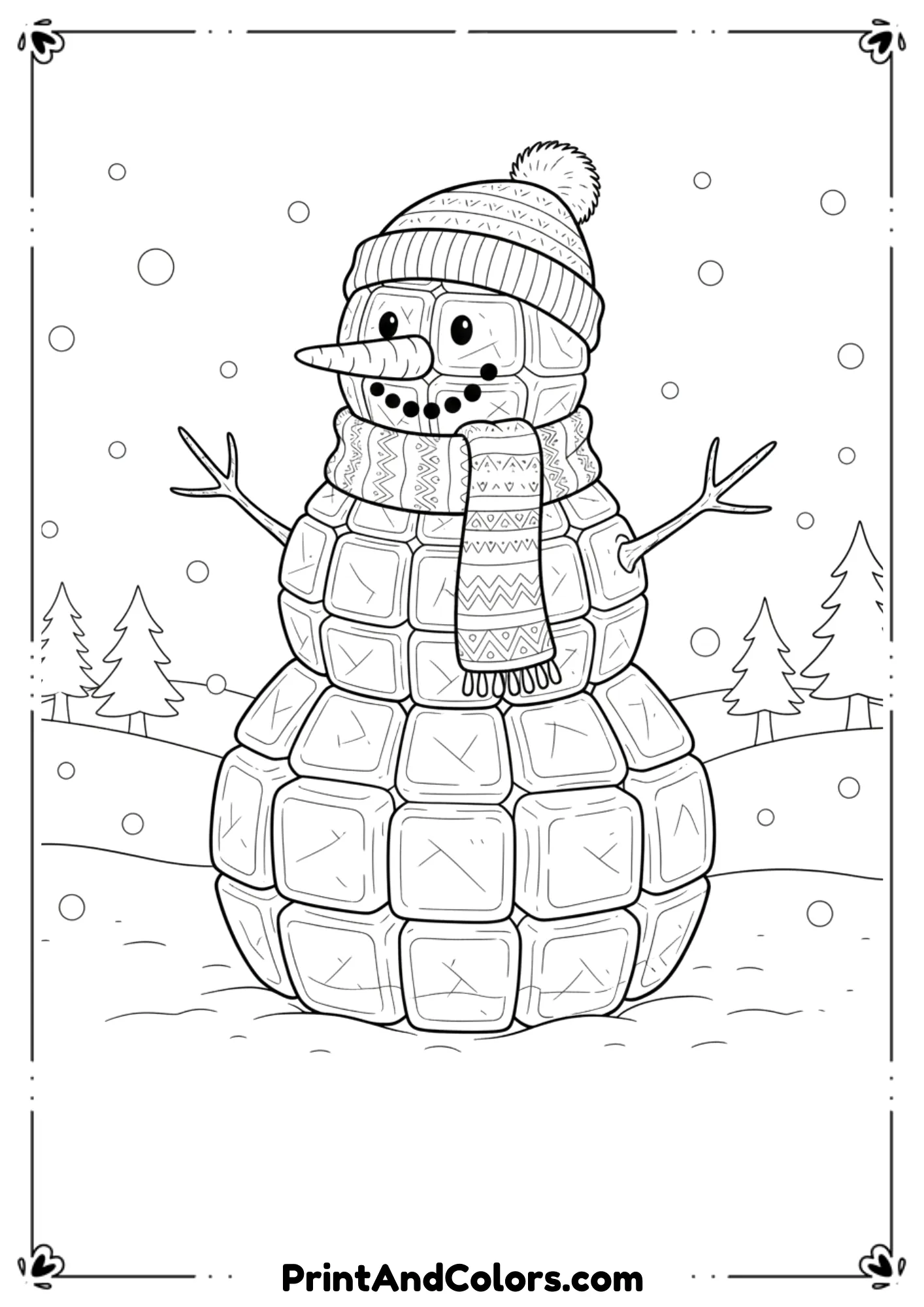 Creative snowman made entirely from stacked ice cubes. Clear cube outlines, frosty details, simple winter background.
