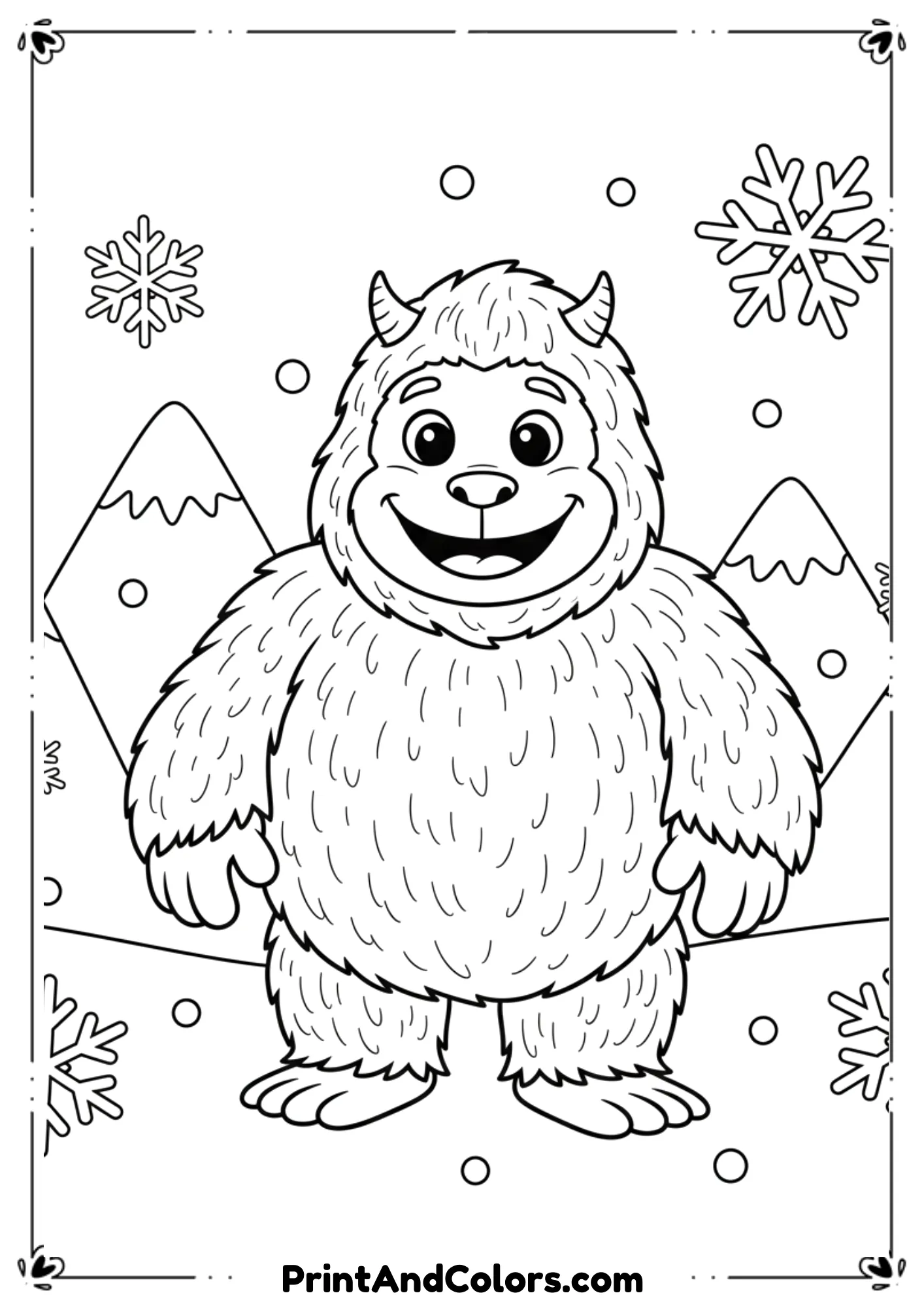 Yeti-style abominable snowman with fluffy fur outline, friendly expression, big hands and feet, snowy mountains behind.
