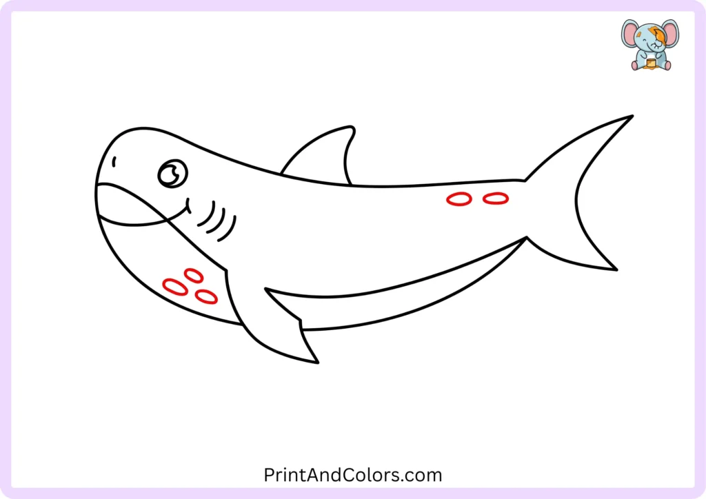 Step 10 showing small oval body markings added to the shark's underbelly and upper body, completing the decorative details before coloring