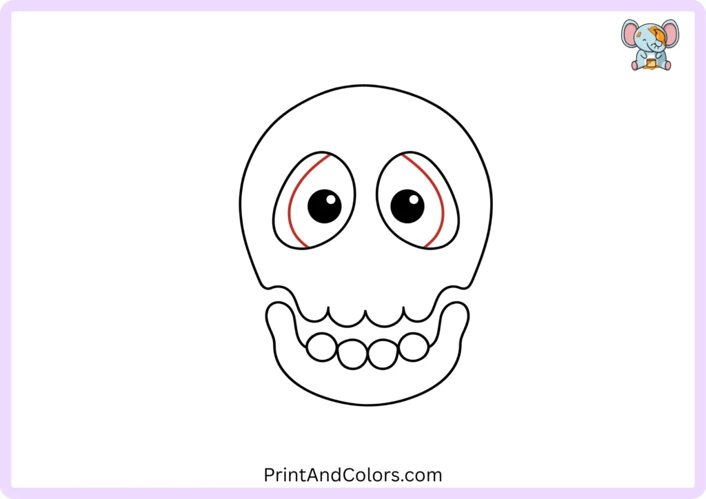 Step 5 of the skull drawing guide showing the central nasal cavity between the two eye sockets along with additional simple facial bone details