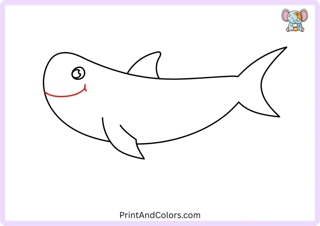 Step 7 showing a long curved mouth line drawn across the front portion of the shark's head, giving the simple shark illustration a friendly expression