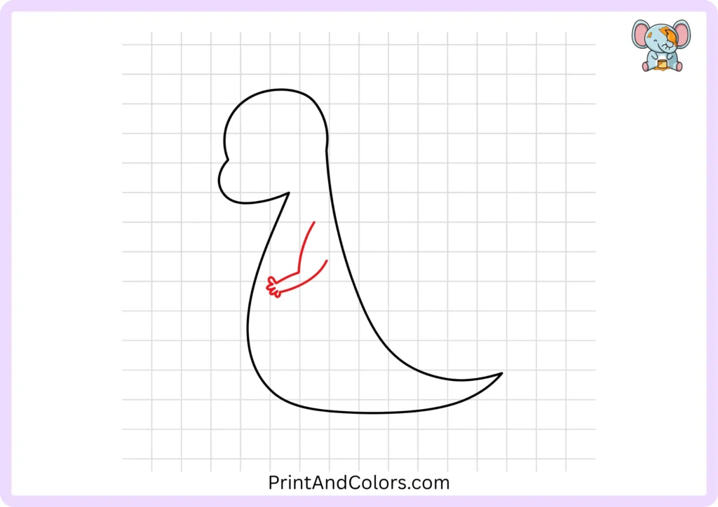 Dragon drawing step 3 showing a small bent front arm with three short curved claws attached near the front of the dragon's body