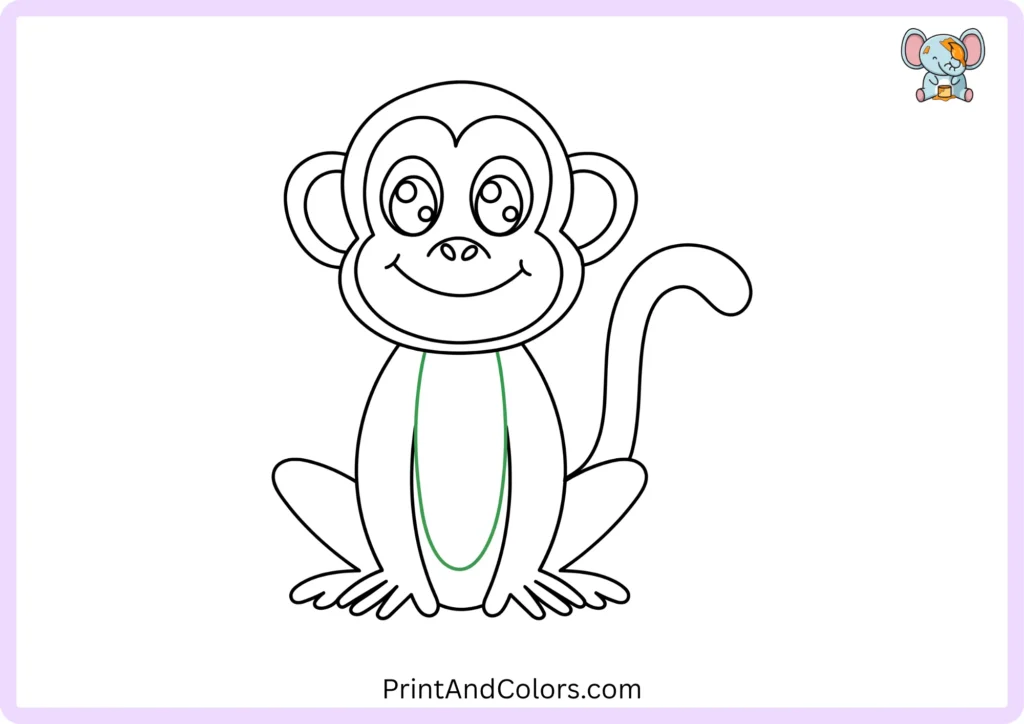 Step 13 of the monkey drawing tutorial showing a long rounded belly shape drawn inside the monkey's body and extending toward the center of the lower body.