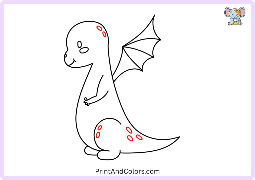 Dragon drawing step 9 showing decorative oval spots placed across the head, hind leg, and long curved tail