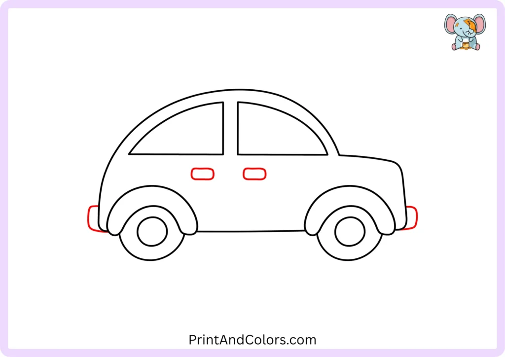 Step 8 of the easy car drawing showing small rounded bumpers added to the front and rear ends of the car body.