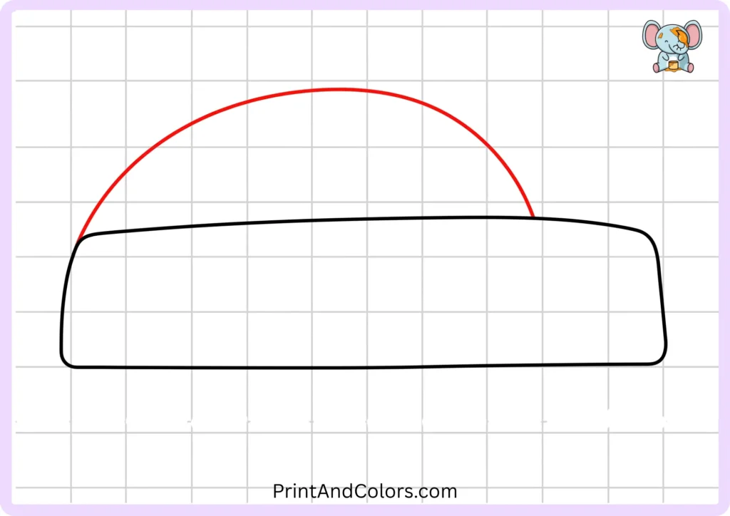 Step 2 of the car drawing tutorial showing a large curved roof line added above the main car body, creating the basic upper shape of the vehicle.