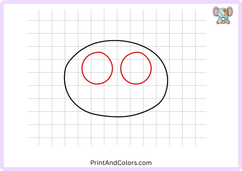Step 2 of the cat drawing tutorial showing two large round eyes placed evenly inside the upper part of the cat's oval head