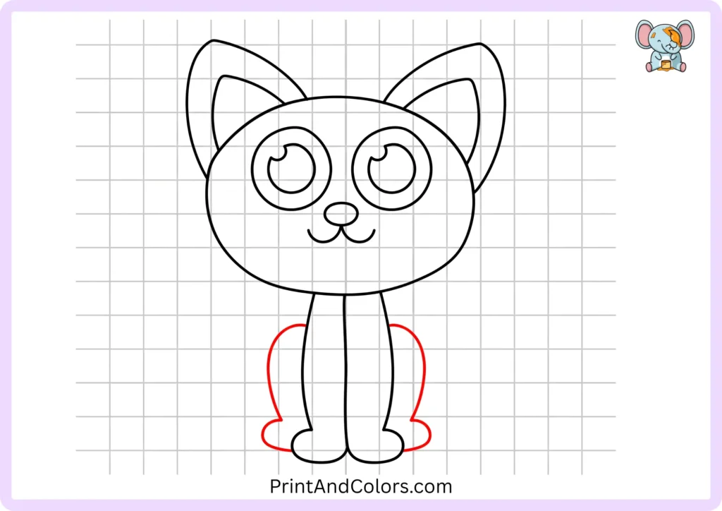 Step 8 showing large curved hind legs on both sides of the front legs with rounded rear paws in a sitting cat pose