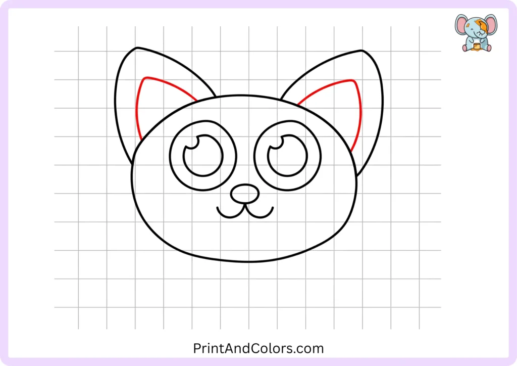 Step 6 showing smaller pointed inner-ear shapes drawn inside the two larger ears while leaving a border around each shape