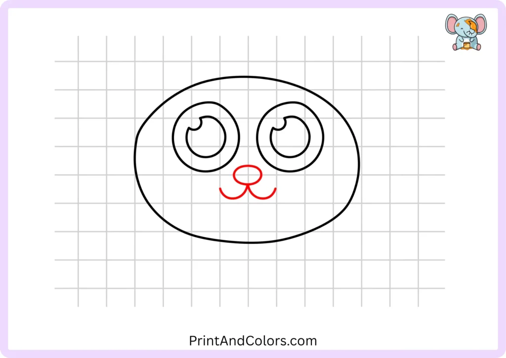 Step 4 of the easy cat drawing showing a small oval nose beneath the eyes and two short curved lines forming the cat's mouth