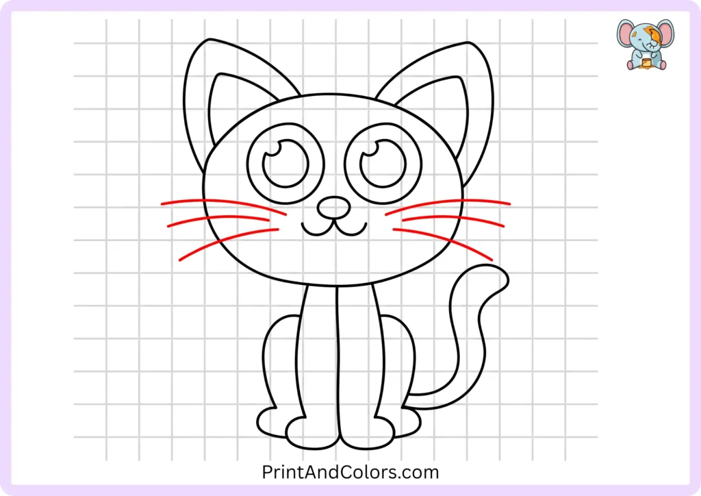 Step 10 showing three long curved whiskers extending outward from each side of the cat's face