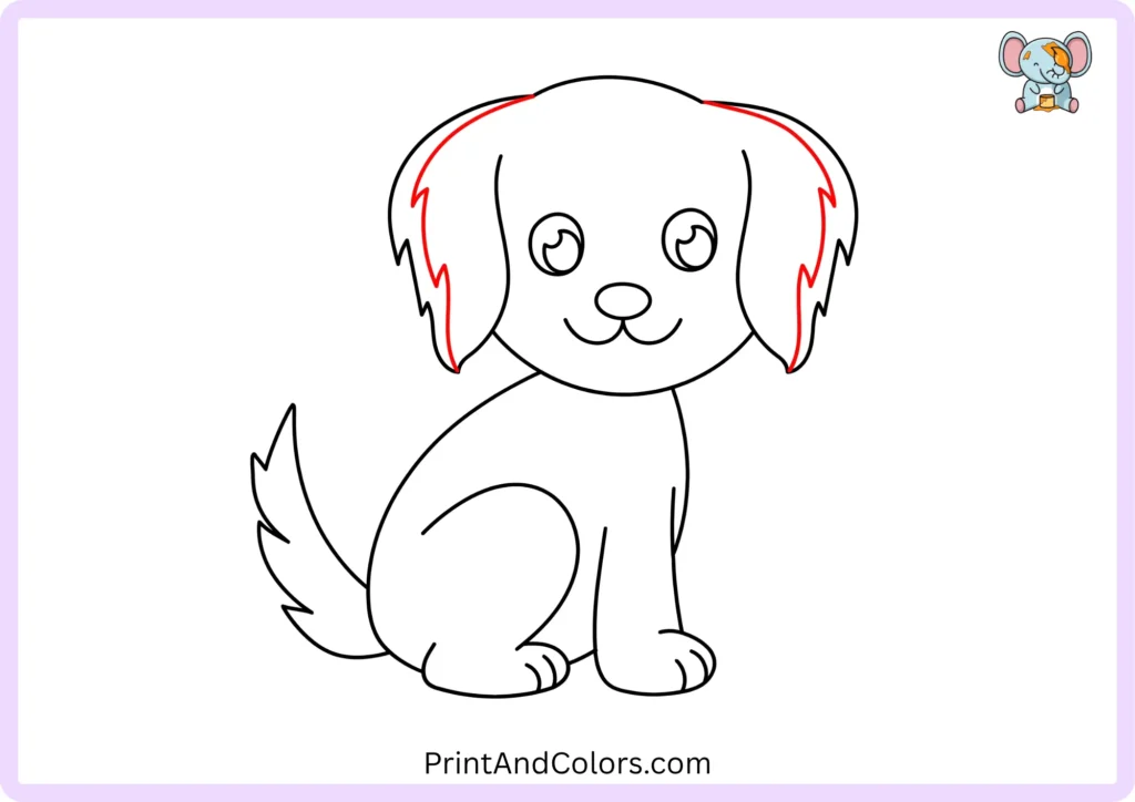 Dog drawing with additional curved fur lines added around the outer edges of both floppy ears to give them more texture and thickness