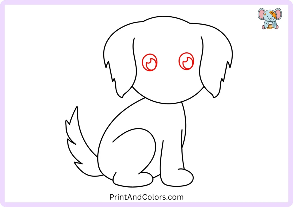 Dog face drawing with two large round eyes positioned near the top of the head and small white highlights left inside each eye
