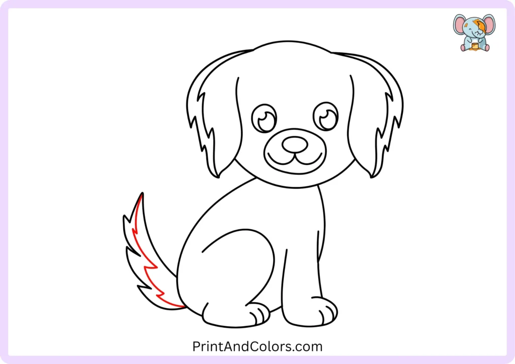 Dog drawing showing an additional curved inner line inside the fluffy tail with small fur tufts along the tail edge