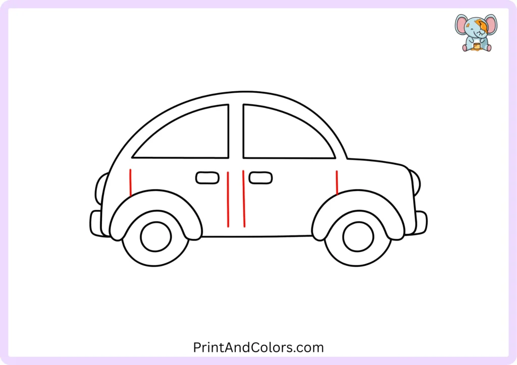 Step 10 of the car drawing tutorial showing vertical door lines and additional short body details added between the windows and wheel arches.