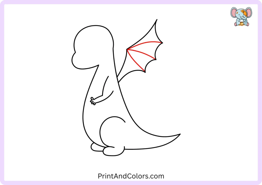 Dragon drawing step 7 showing several curved lines inside the large wing to divide it into individual wing sections