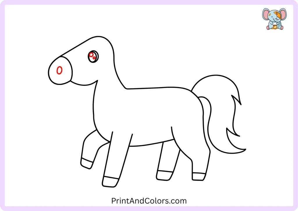 Step 9 of how to draw a horse showing the completed eye with small white highlights inside a darkened eye area, giving the horse a bright and expressive appearance