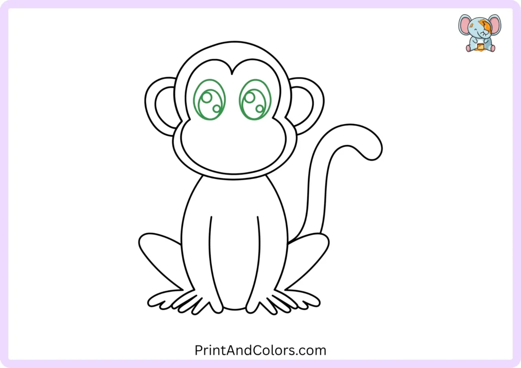 Step 10 of the monkey drawing tutorial showing two small circular highlights inside each black pupil, with a larger highlight near the top and a smaller highlight below it.