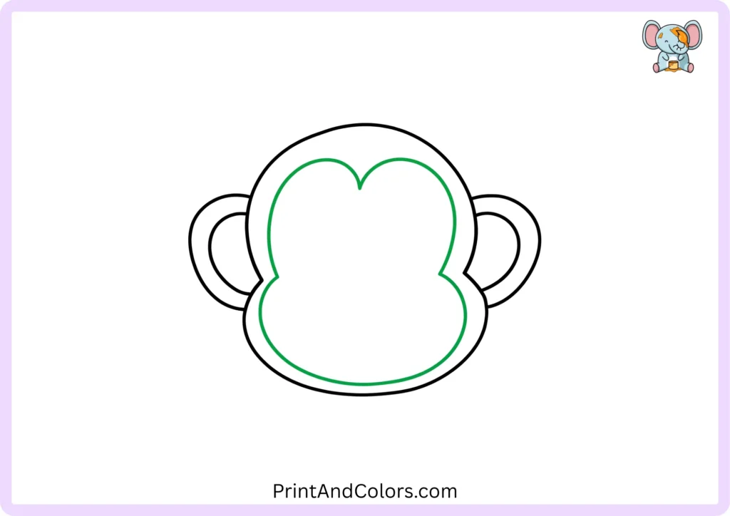 Step 3 of the monkey drawing tutorial showing a large curved face shape added inside the monkey's head, extending from the upper face down around both cheeks and connecting at the bottom.