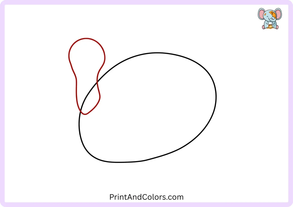 Easy turkey drawing step 2 showing the rounded head and curved neck added to the turkey body