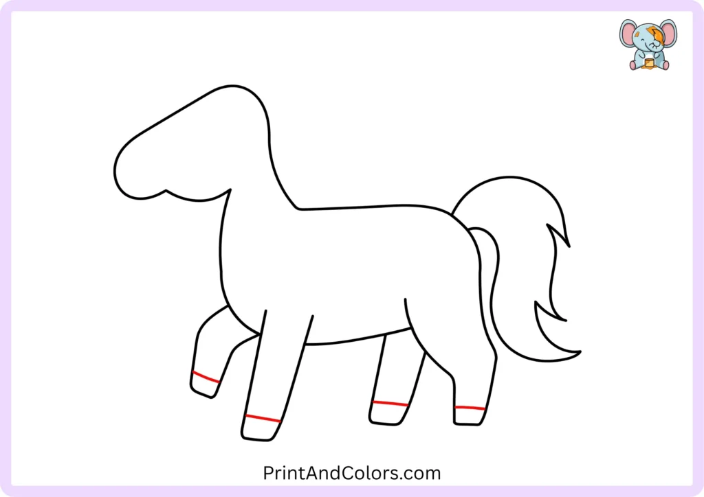 Step 6 of how to draw a horse showing simple hoof shapes added to the bottom of all four legs, completing the basic structure of the horse's feet