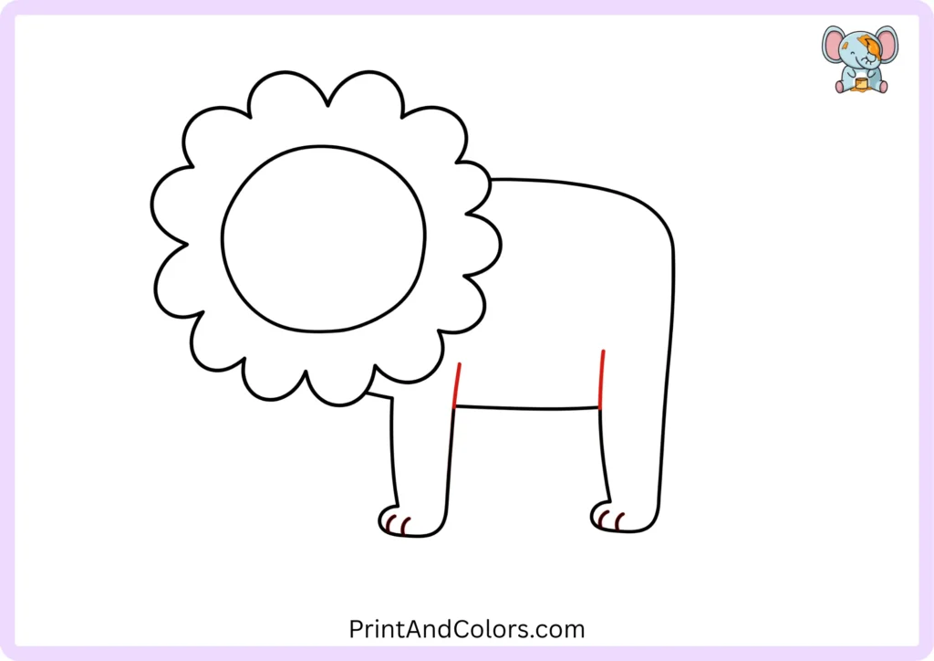 Sixth step showing curved inner leg lines that separate the lion's front and back legs from its body