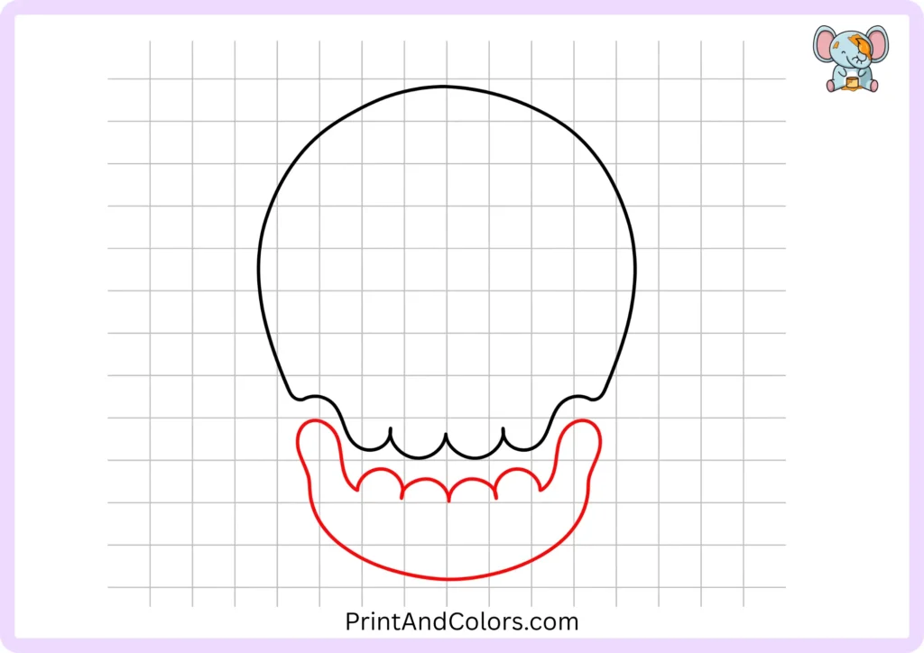 Step 2 of the skull drawing tutorial showing a curved lower jaw added beneath the rounded cranium, creating the basic outline of the skull