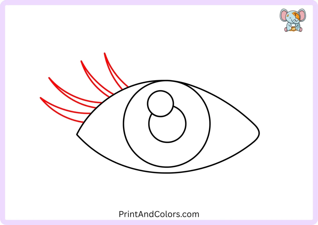 Step 5 showing four curved pointed eyelashes extending upward and outward from the left side of the upper eye