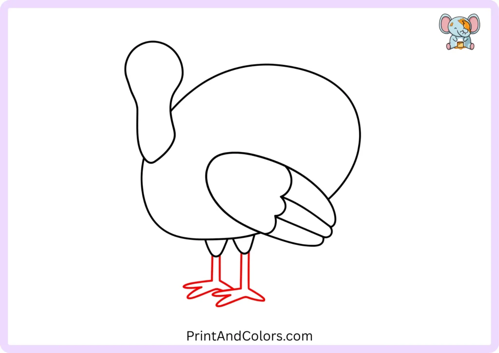 Easy turkey drawing step 6 showing the turkey's lower legs and feet with three pointed toes on each foot