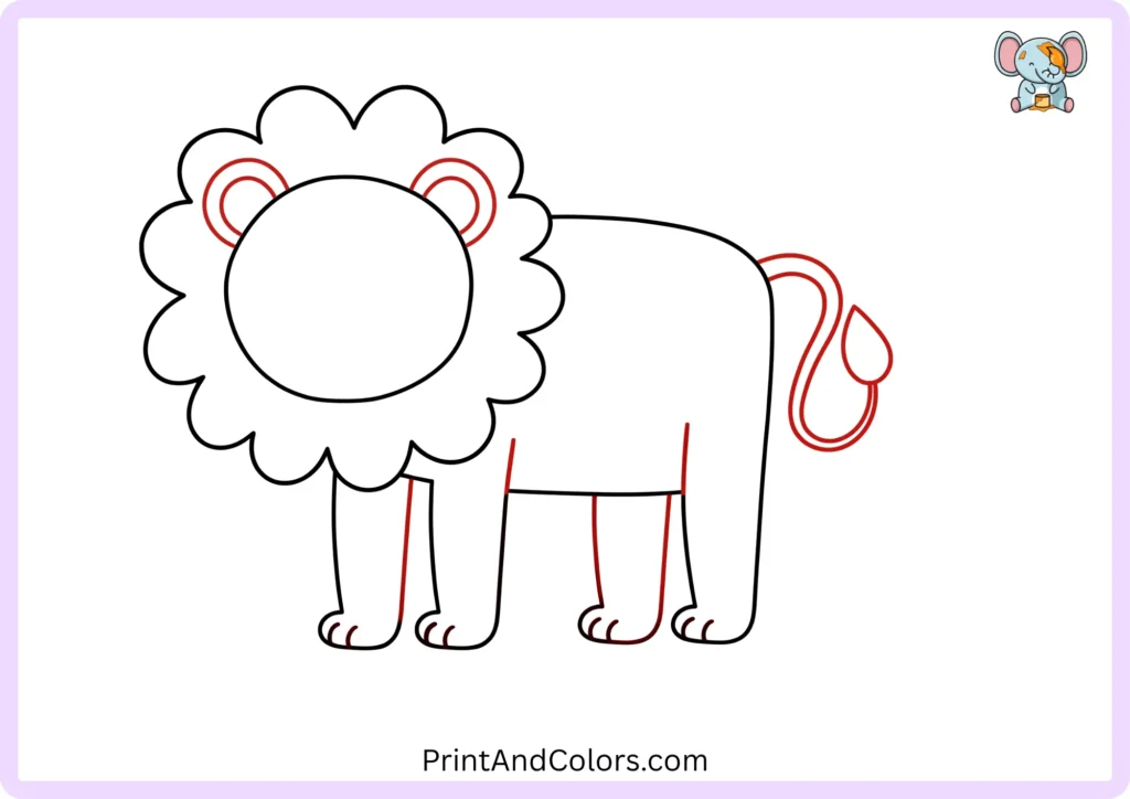 Ninth step showing two rounded ears added to the lion's head with simple curved inner ear details