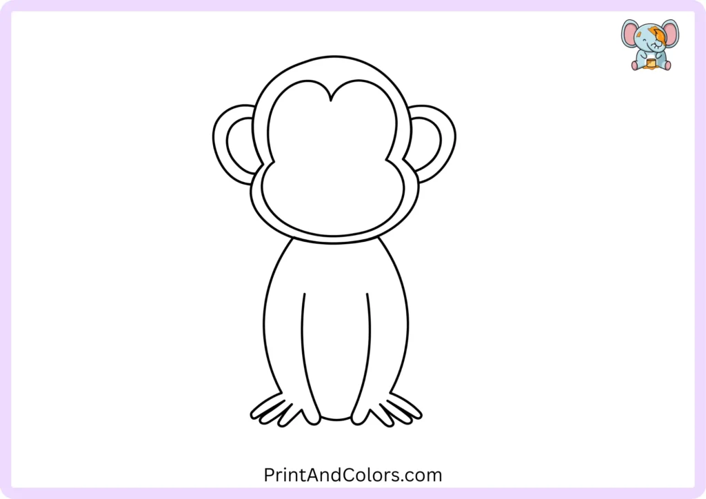 Step 5 of the monkey drawing tutorial showing a short curved line added between the monkey's arms to define and complete the lower part of the body.
