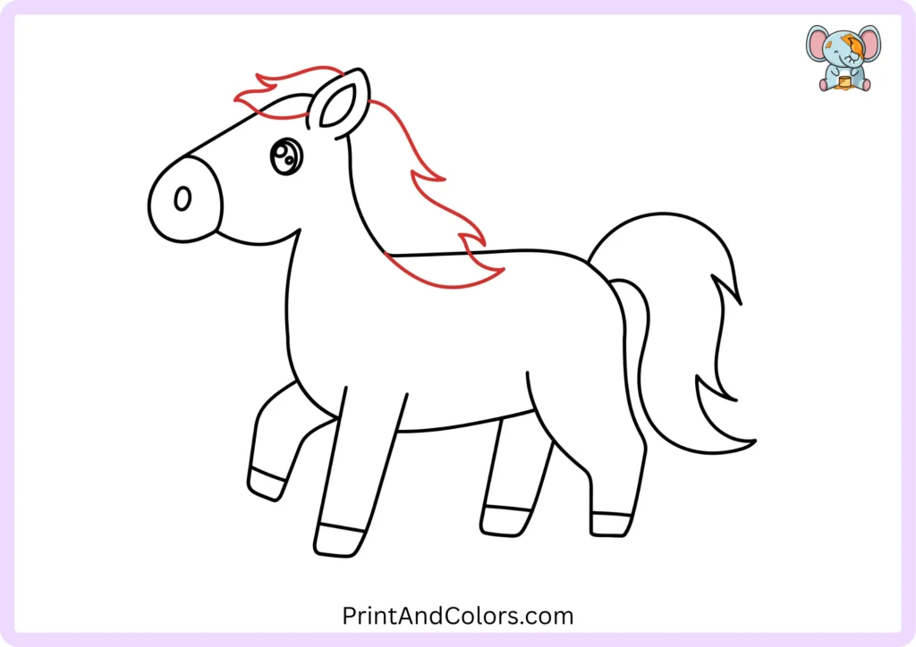 Step 11 of the horse drawing tutorial showing a flowing mane beginning at the top of the horse's head, continuing behind the ear and down along the neck in pointed sections of hair