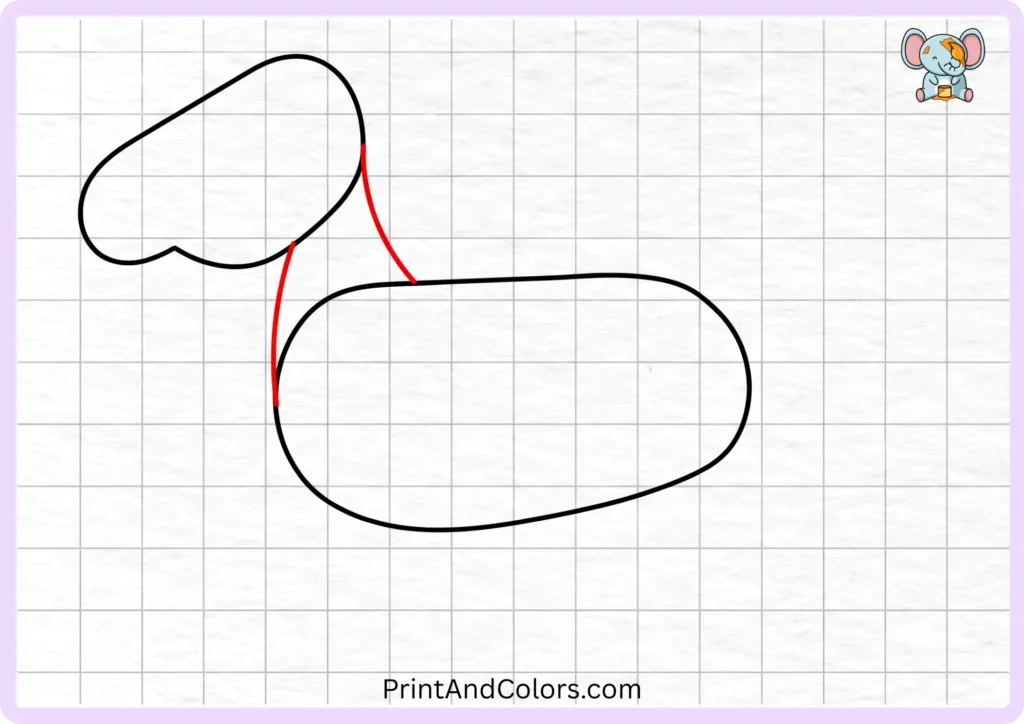 Step 2 of the horse drawing tutorial showing curved lines connecting the horse's head and body to create the neck and front chest, forming the basic outline of the horse's upper body
