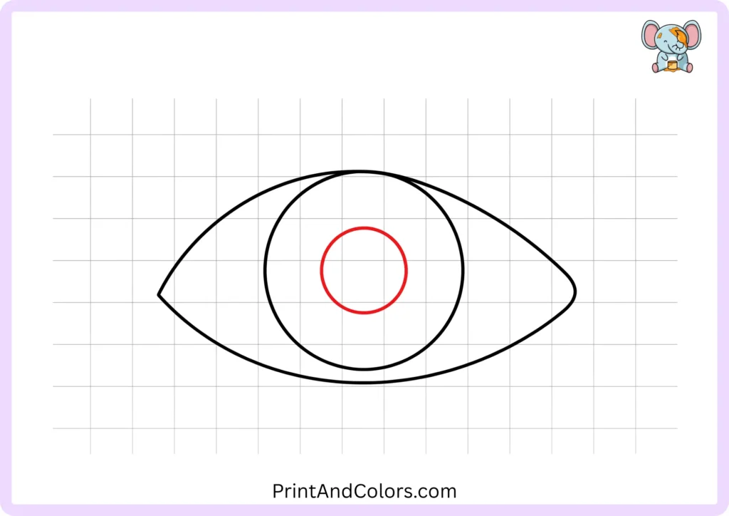 Step 3 of the eye drawing tutorial showing a smaller circular pupil centered inside the large iris and leaving a visible ring of iris around it