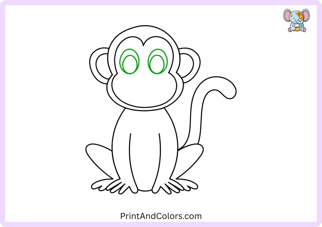 Step 9 of the monkey drawing tutorial showing two oval pupils drawn inside the large monkey eyes and positioned toward the lower-middle area of each eye.