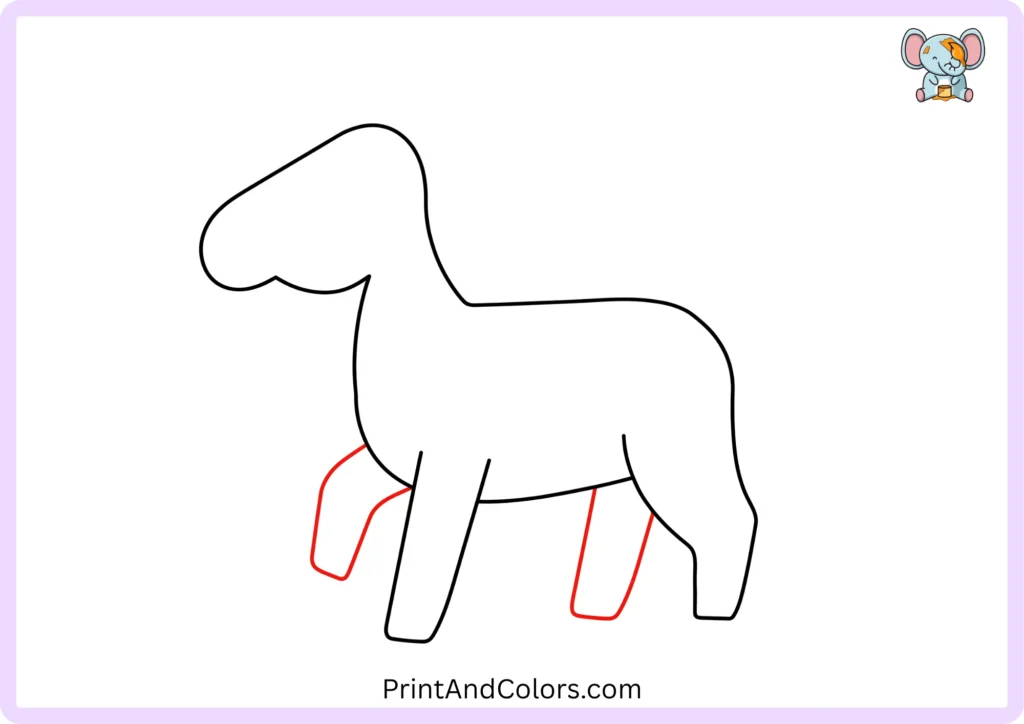 Step 4 of the easy horse drawing showing all four legs, including the remaining front and back legs, with simple bends and spaces between the legs to make each leg clearly visible