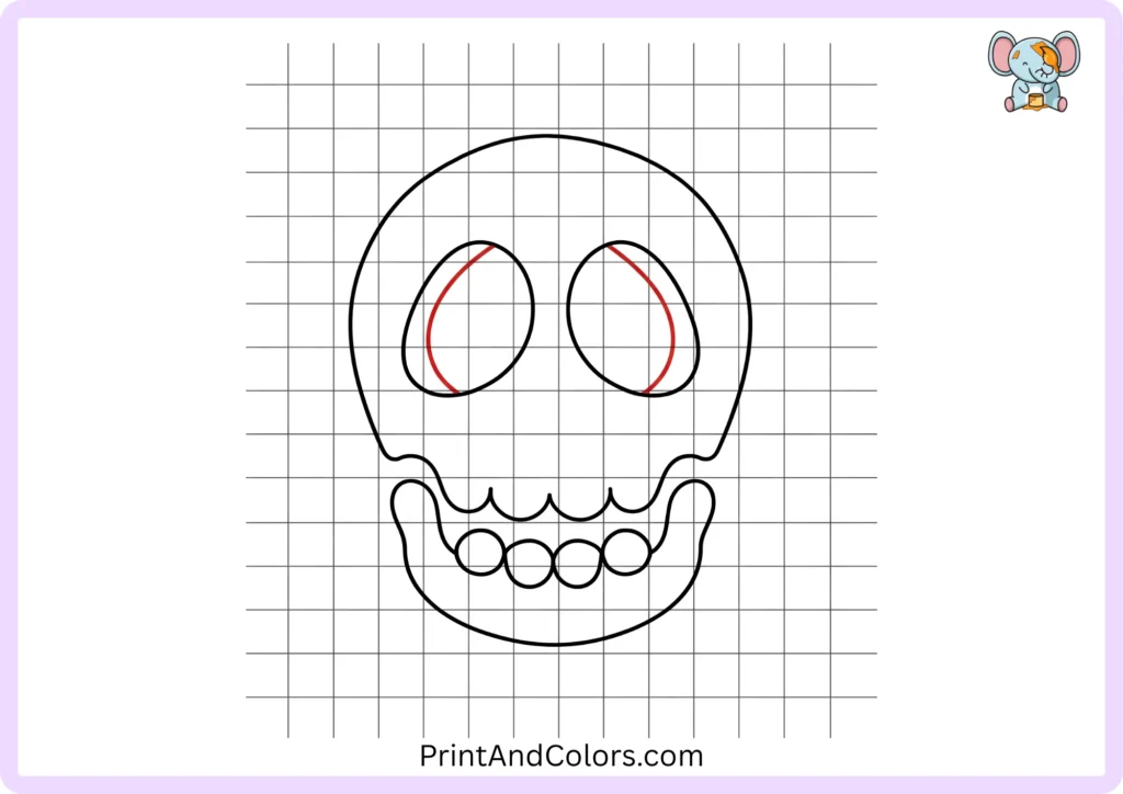 Step 4 of the skull drawing tutorial showing curved inner bone details added around both eye sockets to give the skull more structure and depth