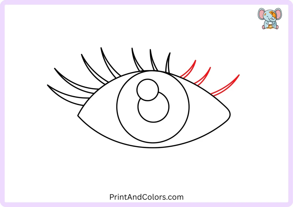 Step 7 showing three curved eyelashes added to the right side of the upper eyelid, following the natural curve of the eye
