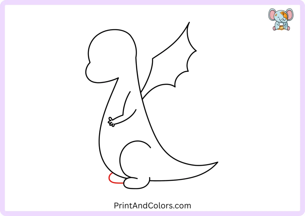 Dragon drawing step 6 showing the second hind paw partially hidden behind the first paw on the sitting dragon
