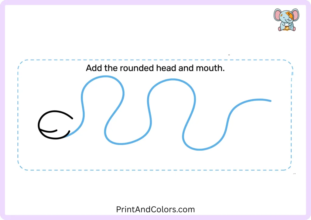 Snake drawing step 2 showing the head shape and mouth added to the guide line