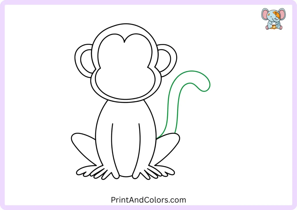 Step 7 of the monkey drawing tutorial showing a long curved tail extending from the right side of the monkey's body and curling back toward the body with a hooked end.