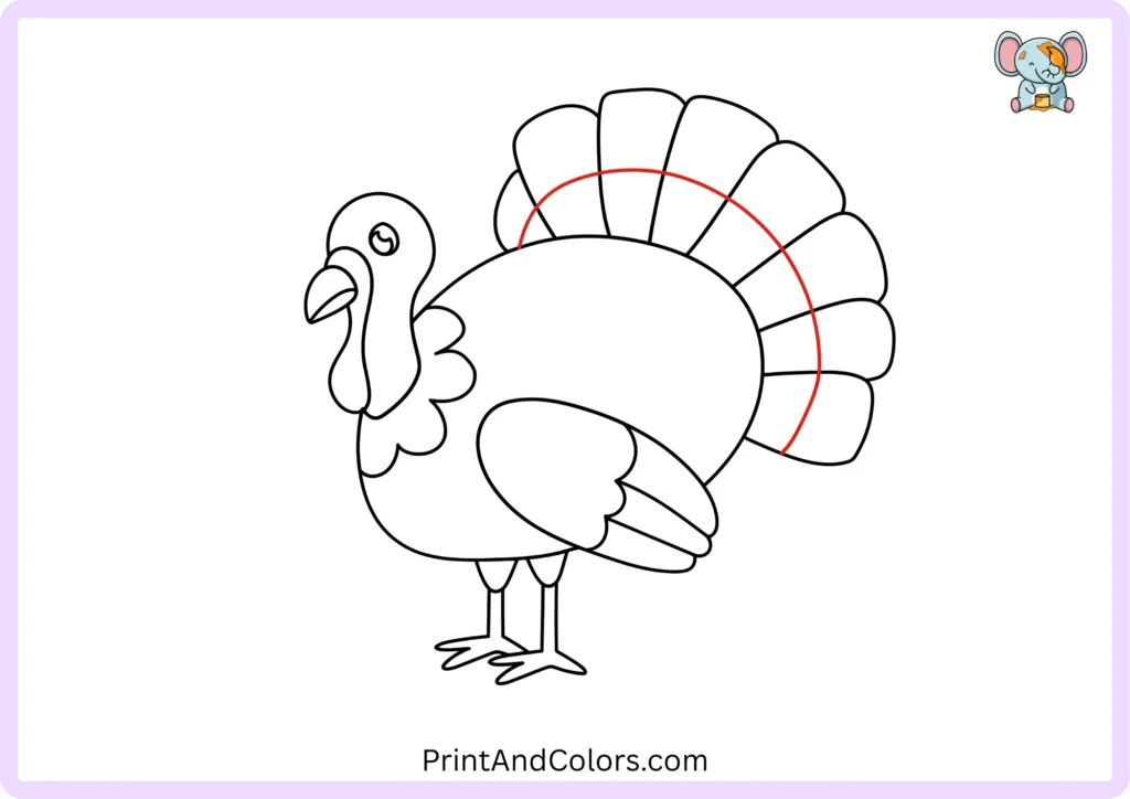 Easy turkey drawing step 12 showing additional rounded tail feathers beginning to form the turkey's fan-shaped tail